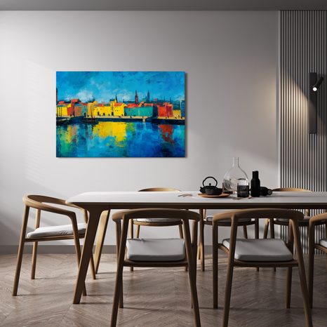 OBRAZ BAREVNÉ MĚSTO U ŘEKY - BAREVNÉ DOMY - OBRAZY