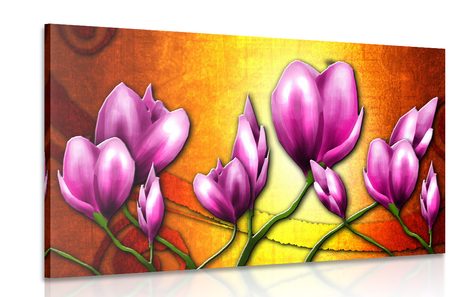 CANVAS PRINT PINK FLOWERS IN ETHNIC STYLE - ABSTRACT PICTURES - PICTURES