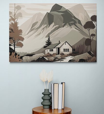 OBRAZ SKANDINÁVSKÁ CHATA V HORÁCH - OBRAZY HORY - OBRAZY