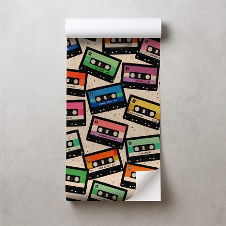 SELBSTKLEBENDE TAPETE RETRO BUNTE KASSETTEN - MUSIK FOTOTAPETEN - TAPETEN