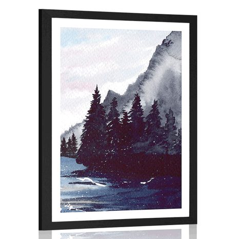 POSTER WITH MOUNT SKETCHED WINTER LANDSCAPE - NATURE - POSTERS