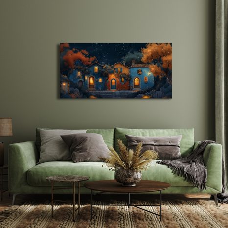 WANDBILD ZAUBERHAFTE WINTERNACHT IN DEN STRASSEN - BUNTE HÄUSER - BILDER
