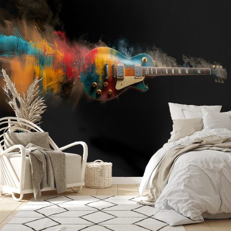 SELBSTKLEBENDE TAPETE BUNTE GITARRE AUF SCHWARZEM HINTERGRUND - MUSIK FOTOTAPETEN - TAPETEN