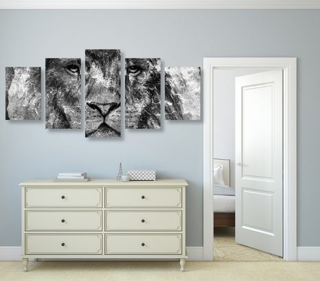 5 RÉSZES KÉP OROSZLÁN ARC FEKETE FEHÉRBEN - FEKETE-FEHÉR KÉPEK - KÉPEK
