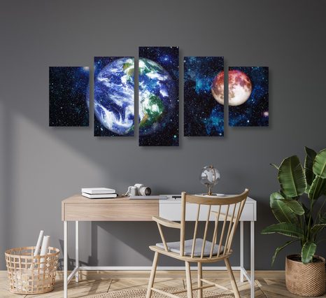 5-DIELNY OBRAZ PLANÉTA ZEM A ČERVENÝ MESIAC - OBRAZY VESMÍRU A HVIEZD - OBRAZY