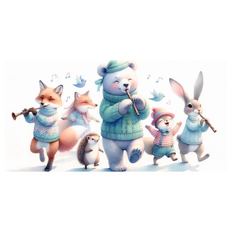 WANDBILD SÜSSE TIERE MIT FLÖTEN IM WINTER - KINDERBILDER TIERE - BILDER