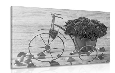 CANVAS PRINT BIKE FULL OF ROSES IN BLACK AND WHITE - BLACK AND WHITE PICTURES - PICTURES