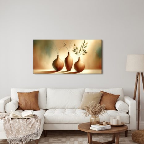 WANDBILD GOLDENE VASEN MIT BLÄTTERN - BOTANISCHE BILDER - BILDER