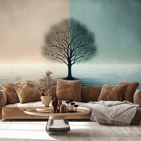 SAMOLEPÍCÍ TAPETA STROM ŽIVOTA V MODRO-BÉŽOVÉM KONTRASTU - ΤΑΠΕΤΣΑΡΊΑ ΔΈΝΤΡΟ ΤΗΣ ΖΩΉΣ - ΤΑΠΕΤΣΑΡΊΕΣ