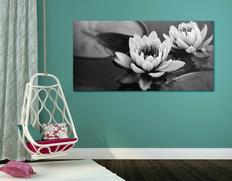 CANVAS PRINT LOTUS FLOWER IN THE LAKE IN BLACK AND WHITE - BLACK AND WHITE PICTURES - PICTURES