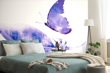 WALLPAPER FEATHER WITH A BUTTERFLY IN PURPLE DESIGN - WALLPAPERS WITH IMITATION OF PAINTINGS - WALLPAPERS