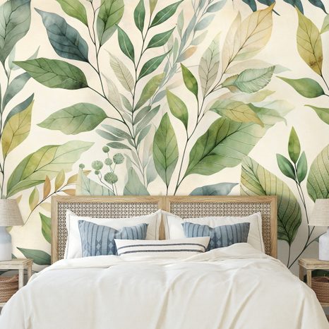 TAPETA ZELENÉ AKVARELOVÉ LISTY NA BÉŽOVÉM POZADÍ - TAPETY LISTY - TAPETY