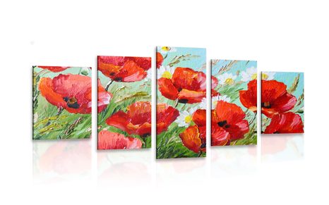 IMPRESSION SUR TOILE EN 5 PARTIES COQUELICOTS ROUGES DANS UN CHAMP - IMPRESSIONS SUR TOILE FLEURS - IMPRESSION SUR TOILE