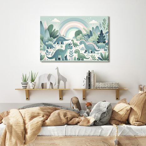 WANDBILD FRÖHLICHE DINOSAURIER IM MÄRCHENWALD - KINDERBILDER TIERE - BILDER