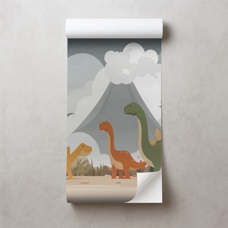 SAMOLEPÍCÍ TAPETA BAREVNÍ DINOSAUŘI V KRAJINĚ - DĚTSKÉ TAPETY - TAPETY