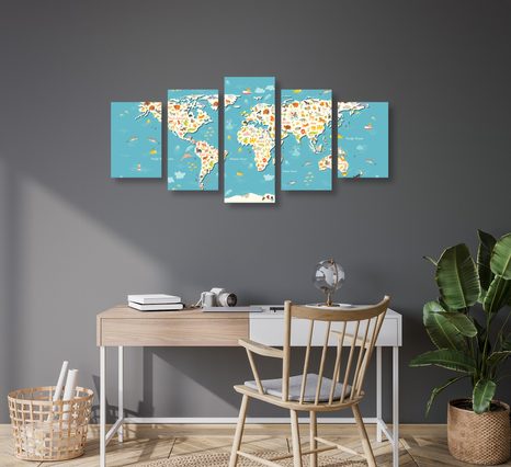 5-DÍLNÝ OBRAZ DĚTSKÁ MAPA SE ZVÍŘÁTKY - DĚTSKÉ OBRAZY - OBRAZY