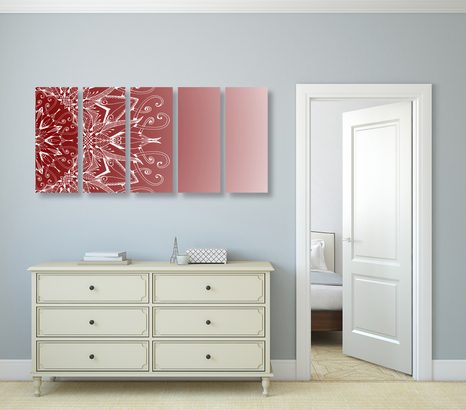 5-DÍLNÝ OBRAZ BÍLÁ MANDALA NA BORDÓ POZADÍ - OBRAZY FENG SHUI - OBRAZY