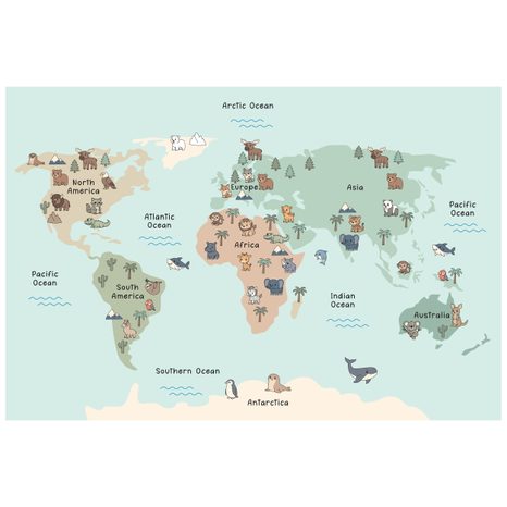 SAMOLEPÍCÍ FOTOTAPETA DĚTSKÁ MAPA SVĚTA SE ZVÍŘATY - DĚTSKÉ TAPETY - TAPETY