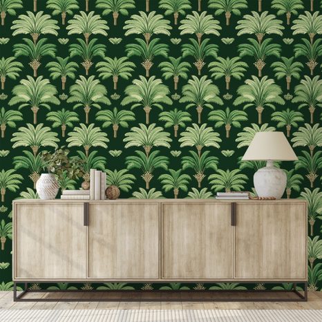 SAMOLEPÍCÍ TAPETA ZELENÉ PALMY NA TMAVÉM POZADÍ - VZOROVANÉ TAPETY - TAPETY
