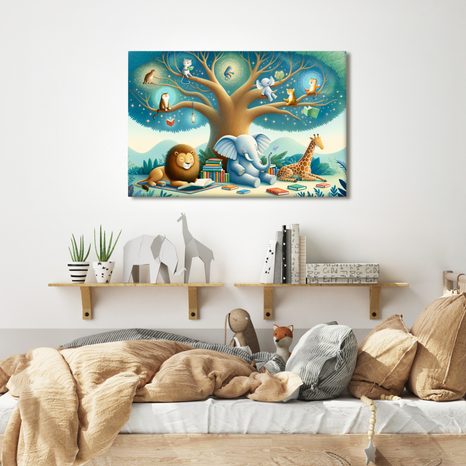 SLIKA ŽIVOTINJE KOJE ČITAJU POD STABLOM - DJEČJE SLIKE ŽIVOTINJICE - SLIKE