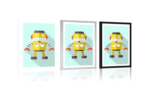PLAGÁT S PASPARTOU ŽLTÝ ROBOT NA MODROM POZADÍ - ROBOTI - PLAGÁTY