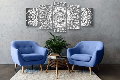 5 RÉSZES KÉP MANDALA HARMÓNIÁJA FEKETE FEHÉRBEN - FEKETE-FEHÉR KÉPEK - KÉPEK