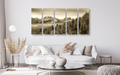 5-DÍLNÝ OBRAZ ZAMRZLÉ HORY V SÉPIOVÉ PROVEDENÍ - ČERNOBÍLÉ OBRAZY - OBRAZY