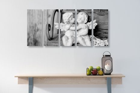 5-TEILIGES WANDBILD STATUE MIT ENGELN AUF DER BANK IN SCHWARZ-WEISS - SCHWARZ-WEISSE BILDER - BILDER