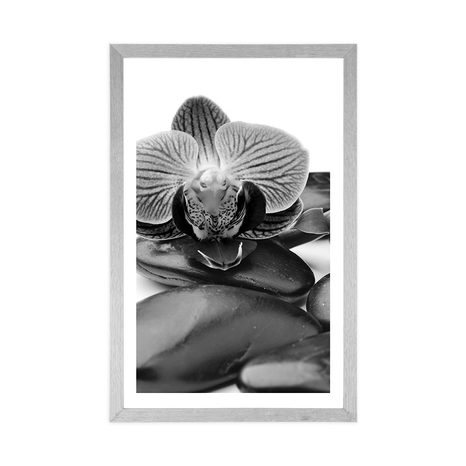 PLAKAT S PASPARTUOM MASAŽNO WELLNESS KAMENJE U CRNO-BIJELOM DIZAJNU - CRNO-BIJELE - PLAKATI