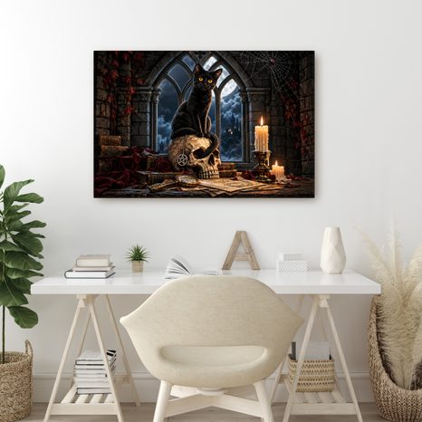 WANDBILD SCHWARZE KATZE AUF EINEM SCHÄDEL - HALLOWEEN- UND HORROR-BILDER - BILDER