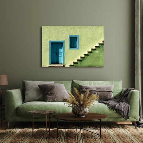 WANDBILD BLAUE TÜR UND TREPPEN - BUNTE HÄUSER - BILDER