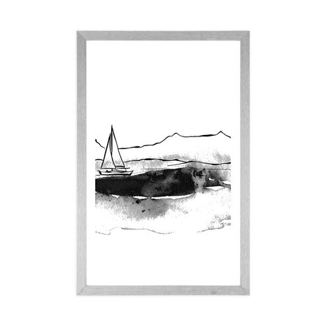 POSTER WITH MOUNT YACHT AT SEA IN BLACK AND WHITE - BLACK AND WHITE - POSTERS