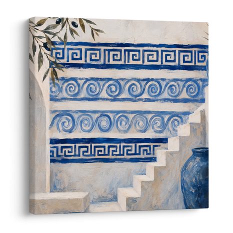 TABLEAU SUR TOILE – ESCALIERS MÉDITERRANÉENS AUX ORNEMENTS BLEUS - TABLEAUX DE LA VILLE - TABLEAUX