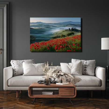 WANDBILD MORGENNEBEL ÜBER DEN HÜGELN - WANDBILDER FELDER UND WIESEN - BILDER