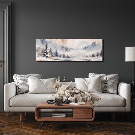 TABLEAU SUR TOILE – VALLÉE BRUMEUSE EN PAYSAGE HIVERNAL - TABLEAUX DE MONTAGNE - TABLEAUX