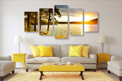 TABLEAU EN 5 PARTIES – COUCHER DE SOLEIL SUR LE LAC - TABLEAUX DE LA NATURE ET DES PAYSAGES - TABLEAUX