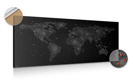 DECORATIVE PINBOARD WORLD MAP WITH NIGHT SKY IN BLACK AND WHITE - PICTURES ON CORK - PICTURES