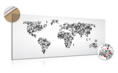 DECORATIVE PINBOARD WORLD MAP CONSISTING OF PEOPLE IN BLACK AND WHITE - PICTURES ON CORK - PICTURES