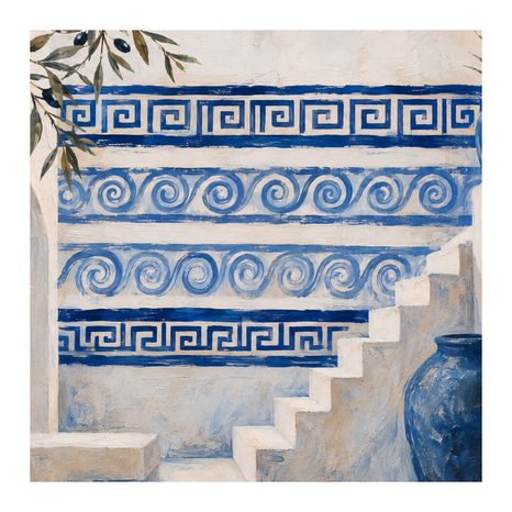 TABLEAU SUR TOILE – ESCALIERS MÉDITERRANÉENS AUX ORNEMENTS BLEUS - TABLEAUX DE LA VILLE - TABLEAUX