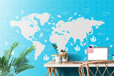 TAPETE HIMMELBLAUE WELTKARTE - WELTKARTEN-TAPETEN - TAPETEN