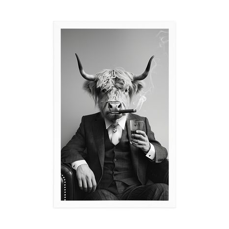 POSTER VACĂ ÎN COSTUM CU ȚIGARĂ ȘI WHISKY - BIVOLI - POSTERE