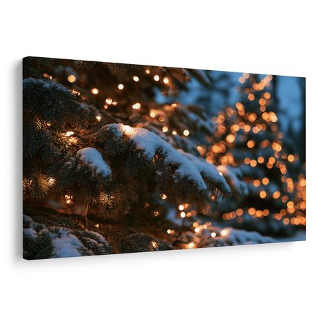 CANVASTAVLA SNÖTÄCKTA GRENAR MED LJUSSLINGOR - JUL- OCH VINTERTAVLOR - TAVLOR