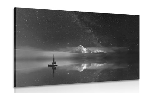 CANVAS PRINT BOAT AT SEA IN BLACK AND WHITE - BLACK AND WHITE PICTURES - PICTURES