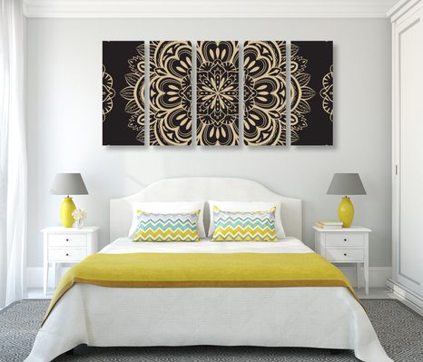 QUADRI 5 PEZZI – MANDALA SU SFONDO NERO - QUADRI FENG SHUI - STAMPE E QUADRI