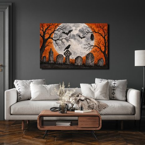 WANDBILD GEHEIMNISVOLLER FRIEDHOF UNTER VOLLMOND - HALLOWEEN- UND HORROR-BILDER - BILDER