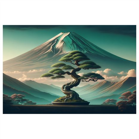 WANDBILD BONSAI UND BERG IM JAPANISCHEN STIL - BILDER VON BERGEN - BILDER
