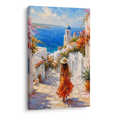 TABLEAU SUR TOILE – CHEMIN FLEURI VERS LA CÔTE - TABLEAUX DE LA MER ET DE LA PLAGE - TABLEAUX