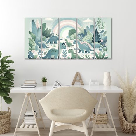 5-DÍLNÝ OBRAZ DINO SVĚT S DUHOU A ZELENOU DŽUNGLÍ - DĚTSKÉ OBRAZY ZVÍŘÁTKA - OBRAZY