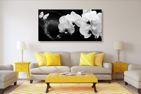WANDBILD SCHWARZ-WEISSE ORCHIDEE UND SCHMETTERLING - SCHWARZ-WEISSE BILDER - BILDER