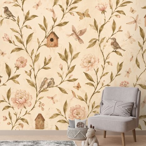ZELFKLEVEND FOTOBEHANG VINTAGE BLOEMEN MET VOGELTJES EN VOGELHUISJES - FOTOBEHANG VOGELS - FOTOBEHANG